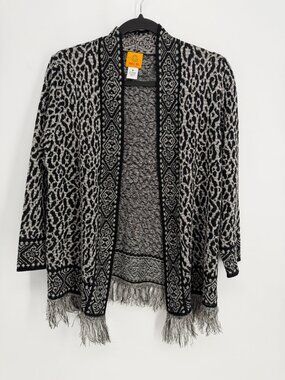 Ruby Rd Leopard Fringe Cardigan Sweater Boho Y2K Animal Print Medium